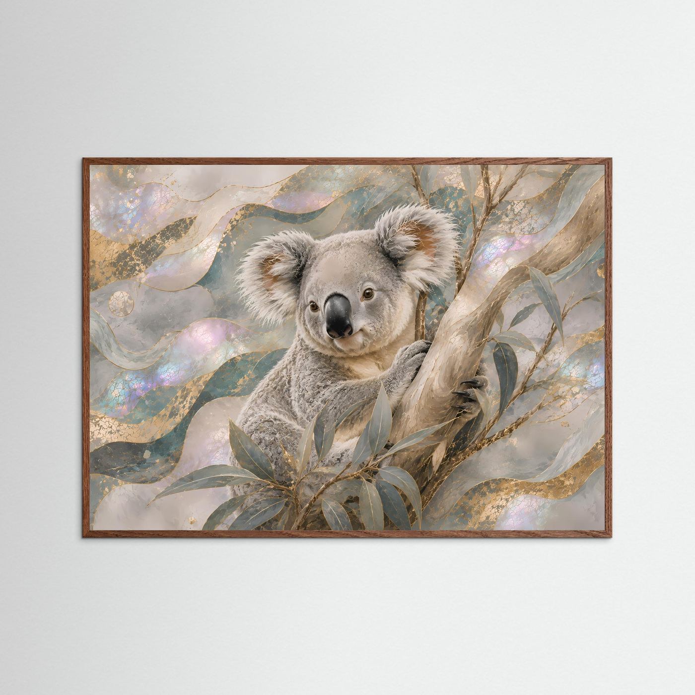 Poster mit Koala zwischen Eukalyptuszweigen im dunkelbraunen Holzrahmen, abstraktes Motiv