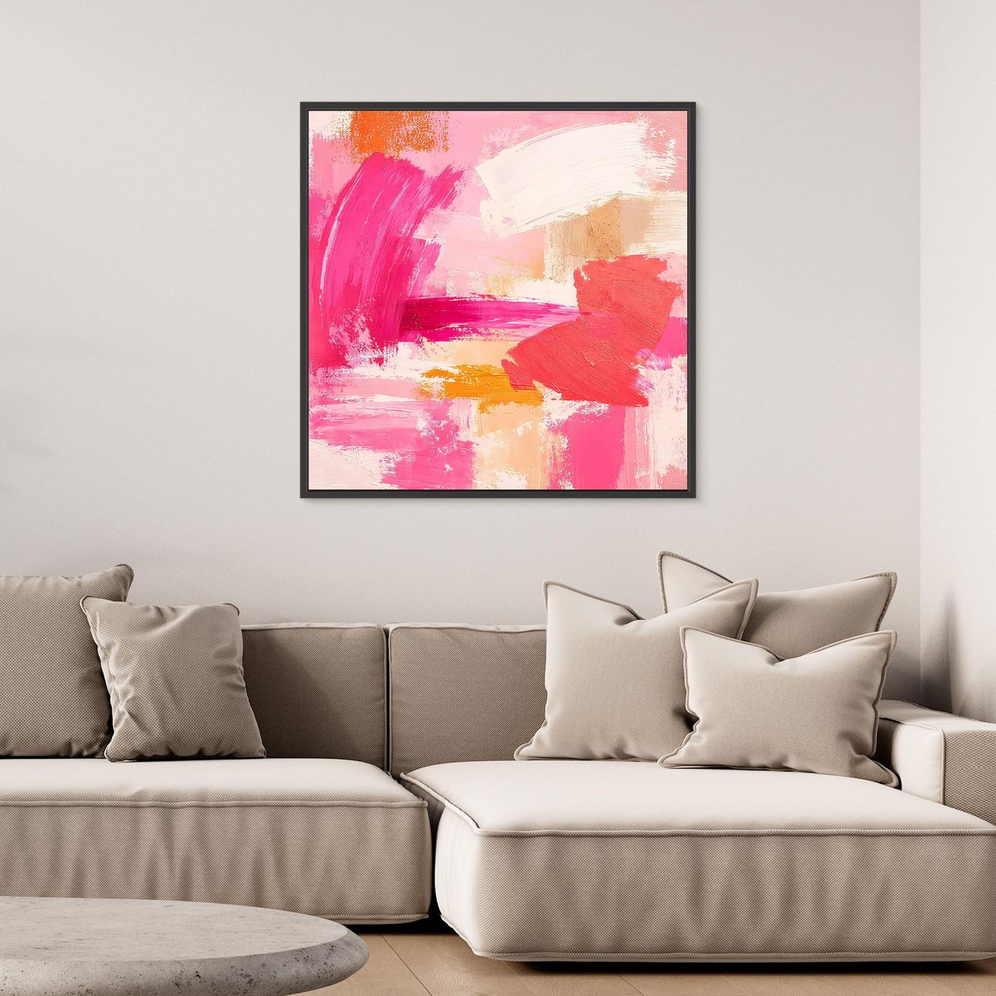 Leinwand-Abstraktbild mit rosa Farbflächen im schwarzen Rahmen