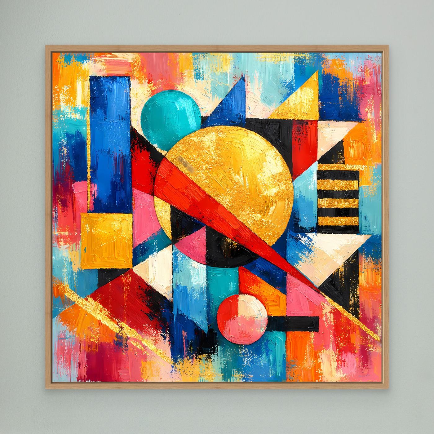 Leinwandbild im Eichenrahmen, abstrakte geometrische Formen mit goldenen und blauen Kreisen