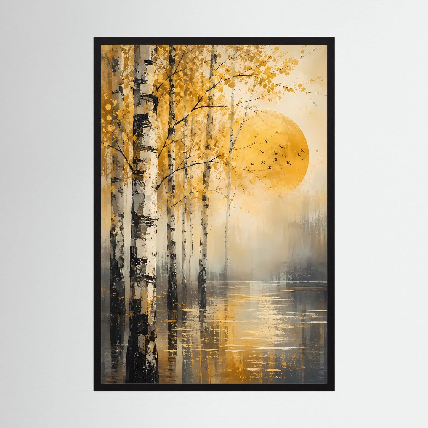 Gerahmtes Hochformat-Poster mit abstrakter Herbstlandschaft: Birken, goldene Sonne, Vögel