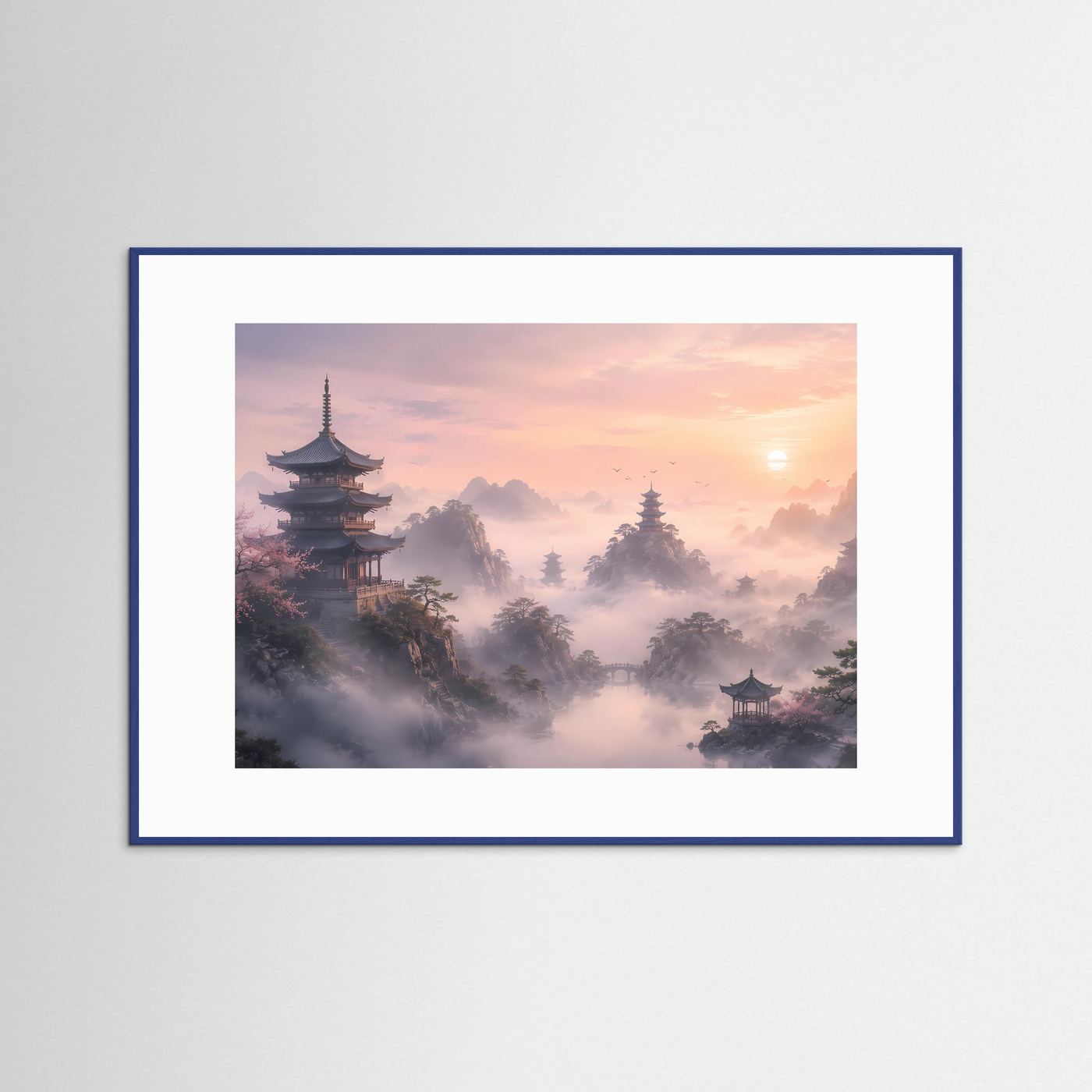 Querformat-Poster mit Pagodenlandschaft im Pastellrosa und Sonnenaufgang, blauer Holzrahmen