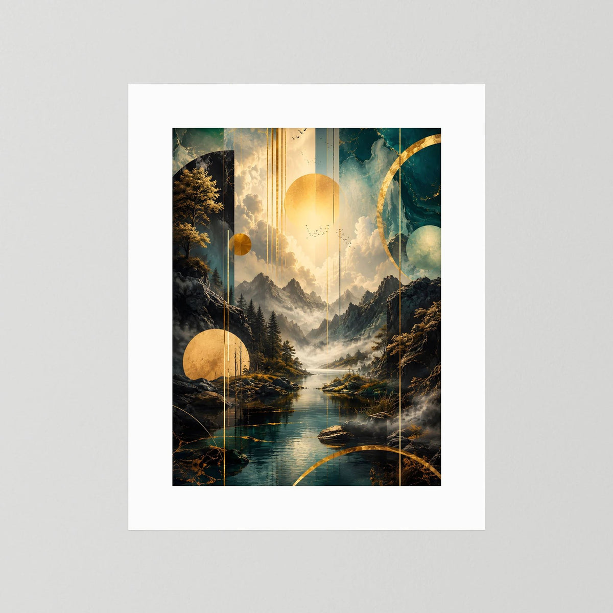 Poster im Hochformat mit weißem Passepartout, abstrakte Berglandschaft in Petrol & Gold.