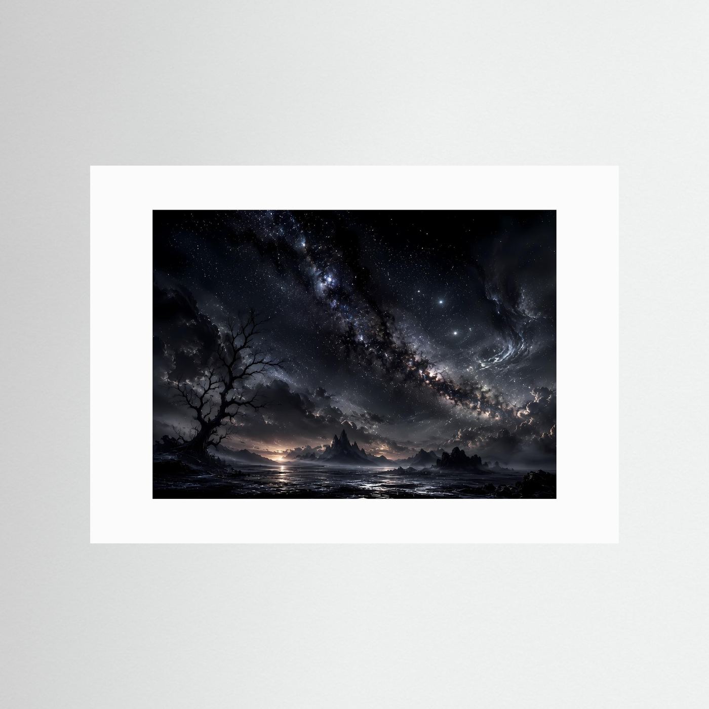 Milchstraße Poster Schwarz Weiß | Mystischer Sternenhimmel Landschaft | Kosmische Nacht Wandbild | Fantasy Himmel | Moderne Himmelskunst
