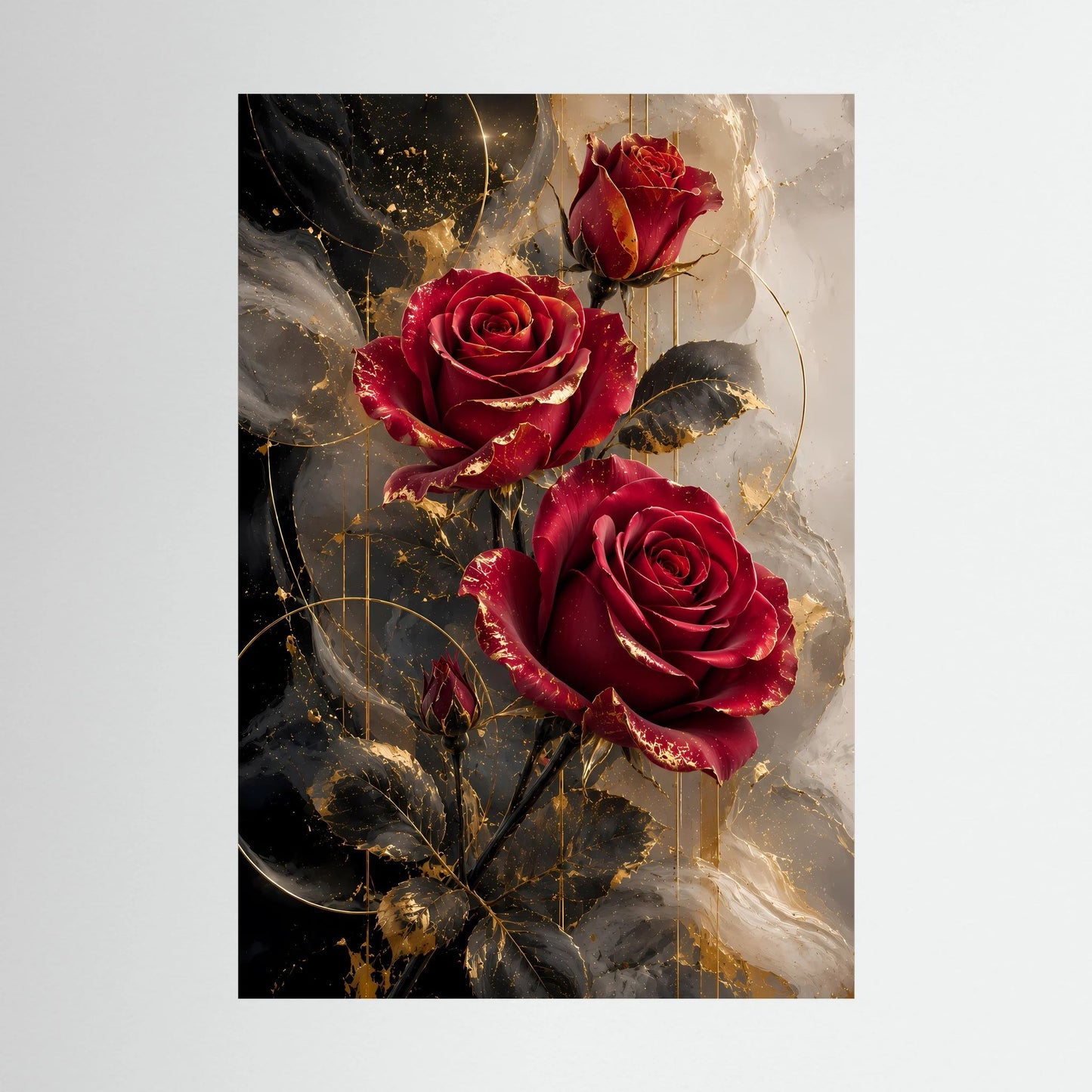 Hochformat-Poster mit drei rubinroten Rosen, Goldakzenten und dunklem abstraktem Blattwerk