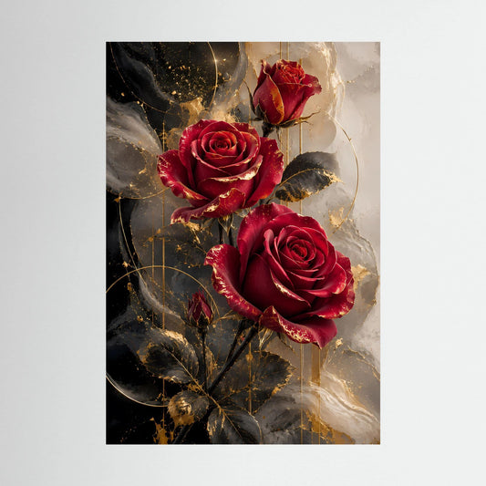 Hochformat-Poster mit drei rubinroten Rosen, Goldakzenten und dunklem abstraktem Blattwerk