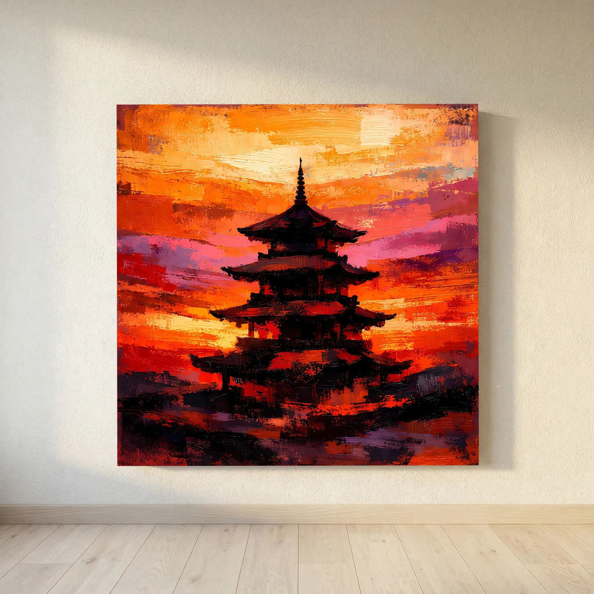 Japanisches Pagoden-Wandbild mit dunkler Silhouette und orange-pinkem Wolkenhimmel