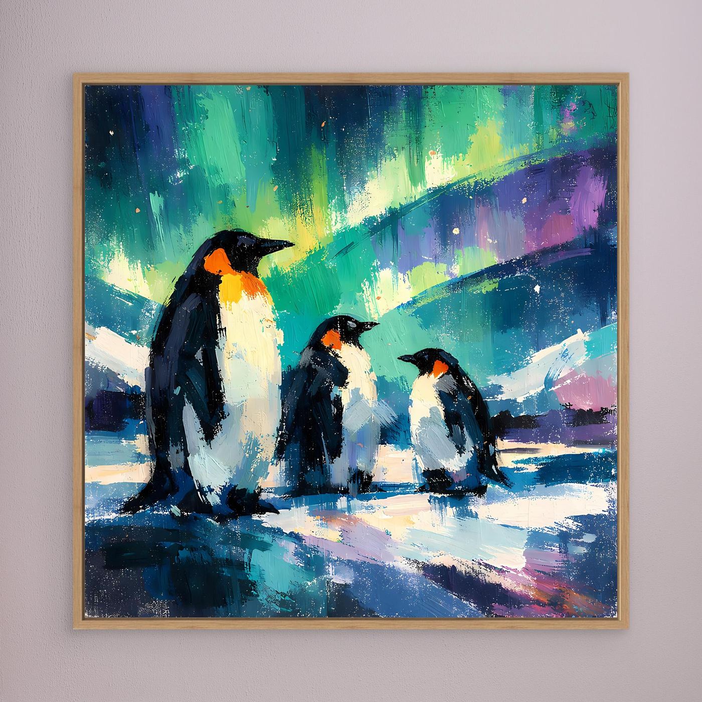 Leinwand Majestätische Pinguine unter Polarlichtern | Abstraktes Antarktis & Nordlicht Wandbild