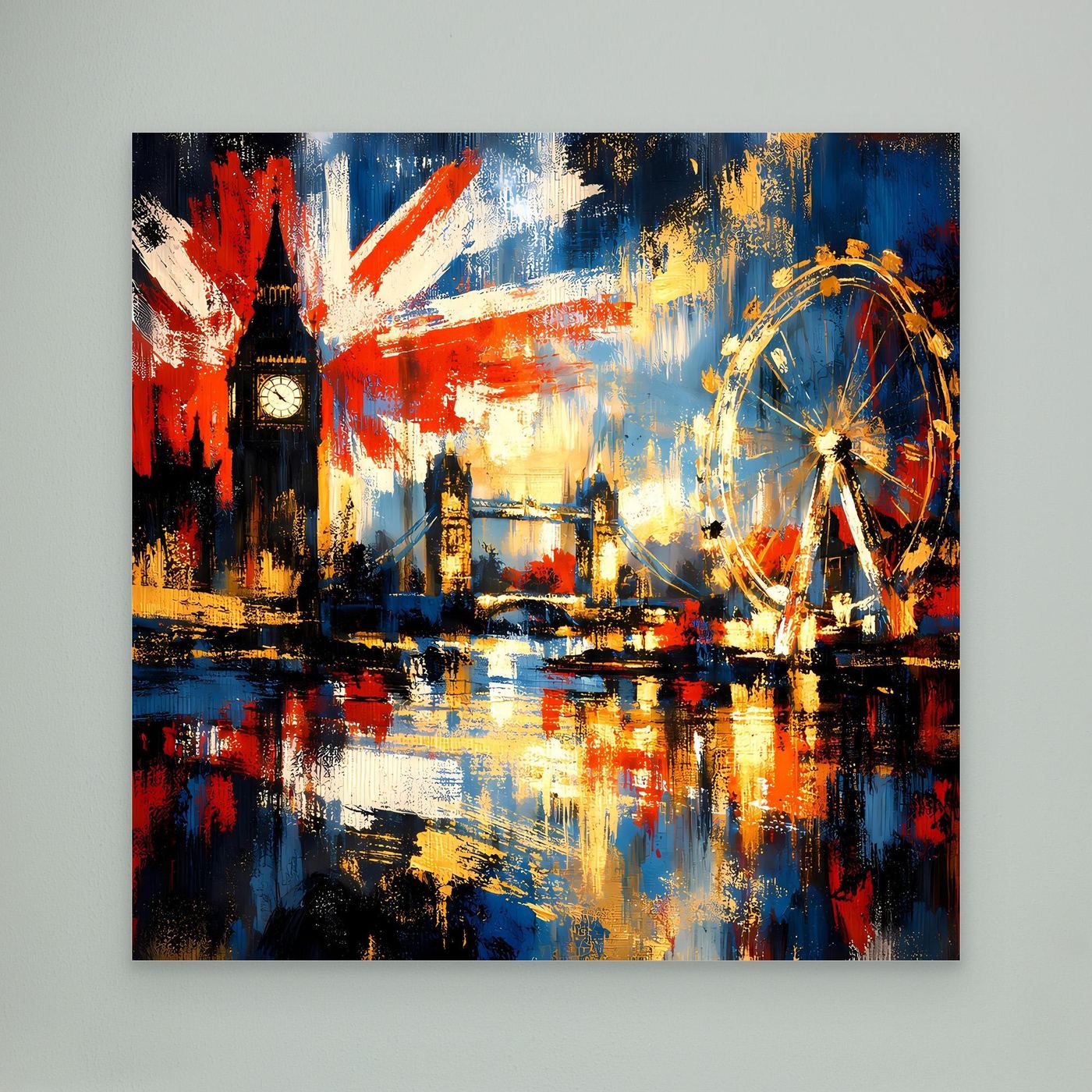 Leinwandbild mit London-Skyline und UK-Flagge, abstrakte Pinseloptik, ohne Rahmen
