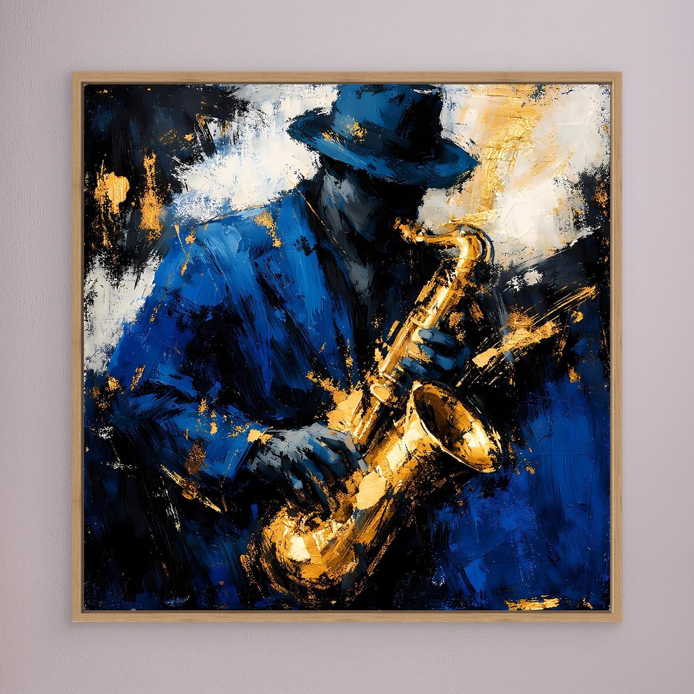 Leinwand Eleganter Jazz-Saxophonist in Blau und Gold | Abstraktes Musik Wandbild