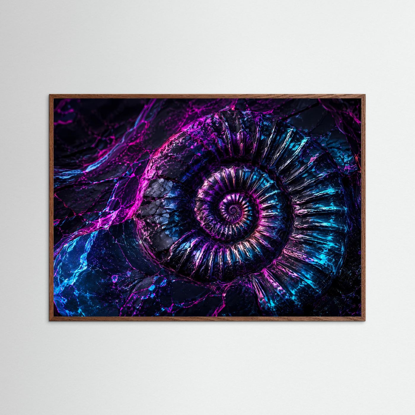 Neon Ammonit Fossil | Abstrakte Muschel in Lila & Blau