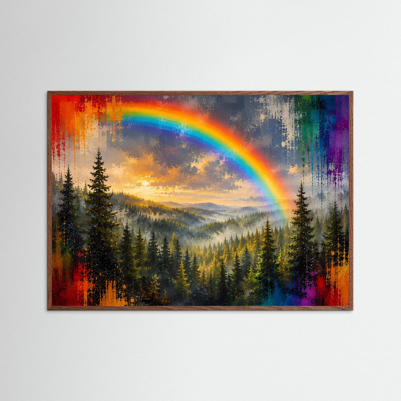 Moderner Nadelwald mit Regenbogen & Farbspritzern | Buntes Panorama Poster Querformat