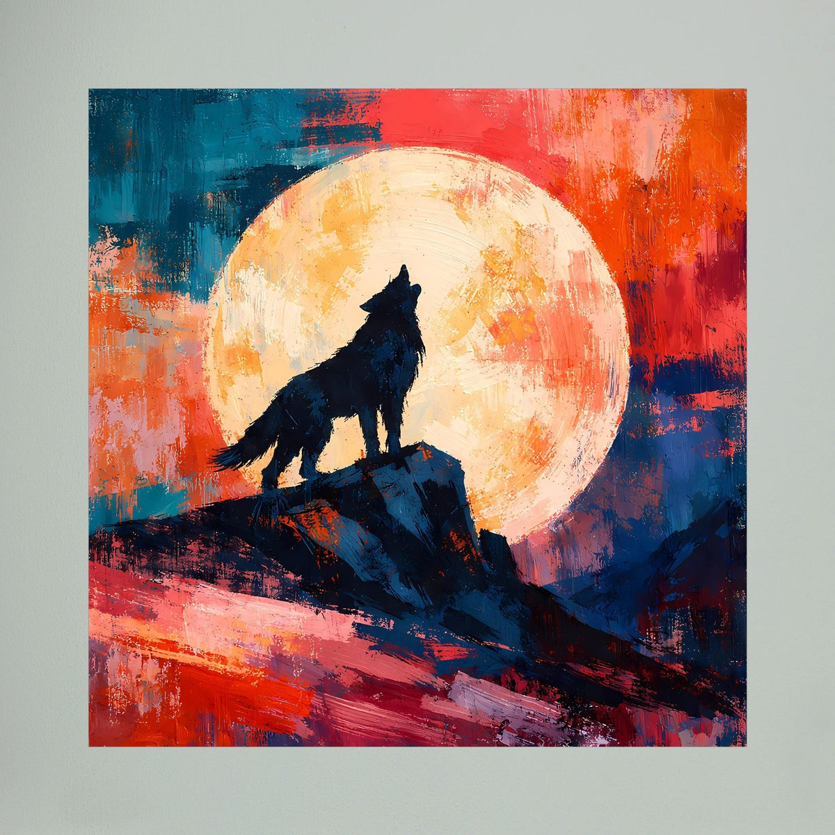 Leinwand Abstraktes Wolf Gemälde | Modernes Mystisches Wandbild Heulender Wolf Vollmond