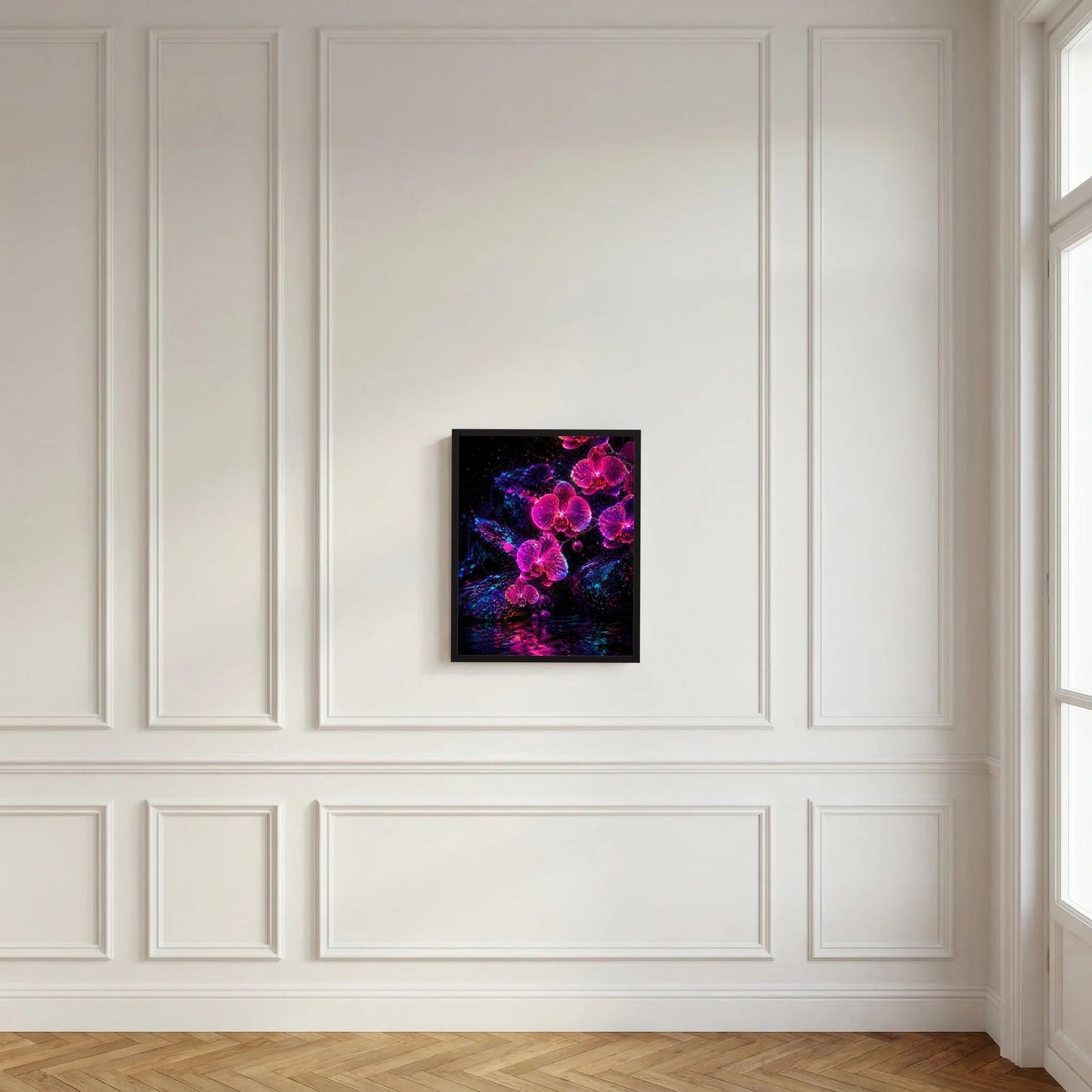 Gerahmtes Kunstposter an der Wand: Orchideenleuchten in Pink und Violett auf Dunkelheit