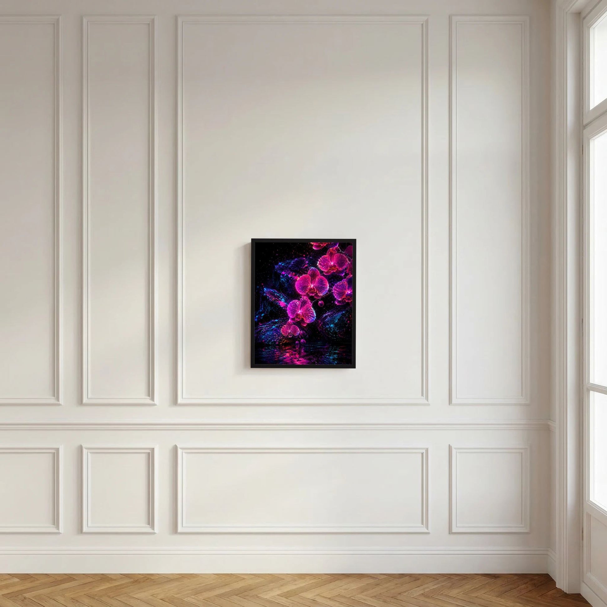 Gerahmtes Kunstposter an der Wand: Orchideenleuchten in Pink und Violett auf Dunkelheit