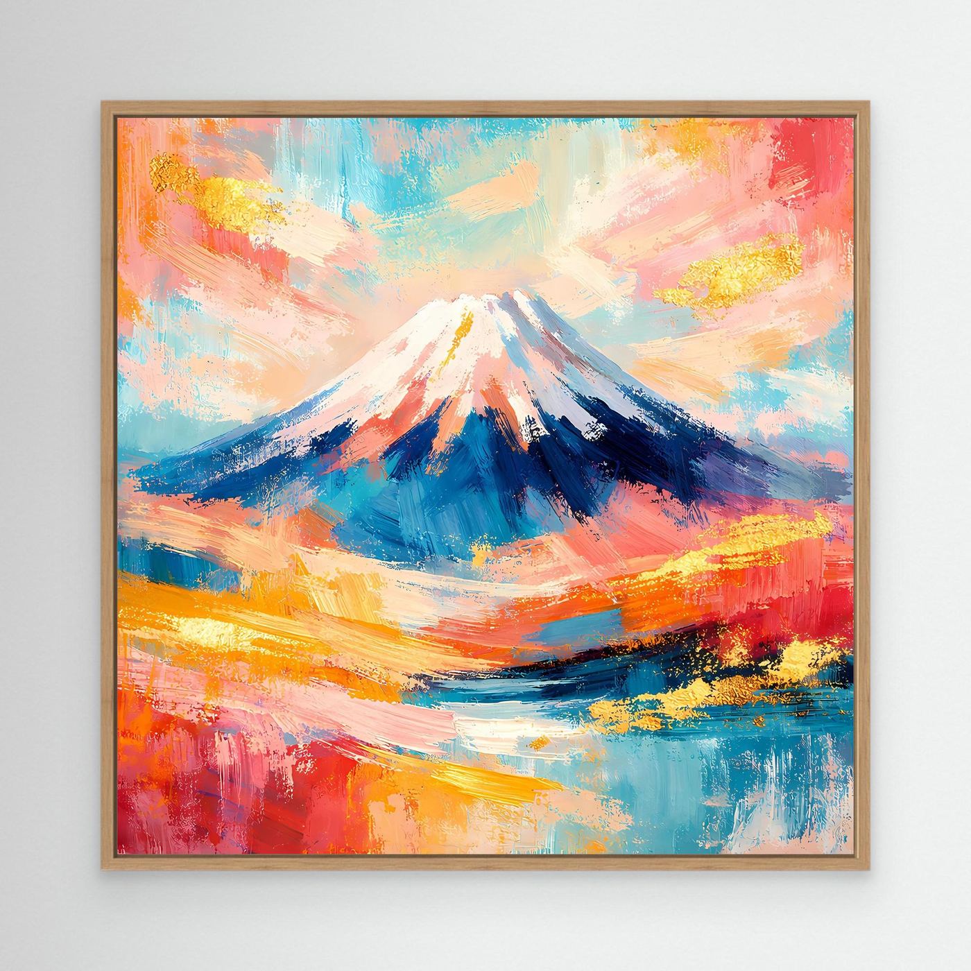 Gerahmtes abstraktes Leinwandbild Mount Fuji mit Holzrahmen, farbenfrohe Pinselstriche