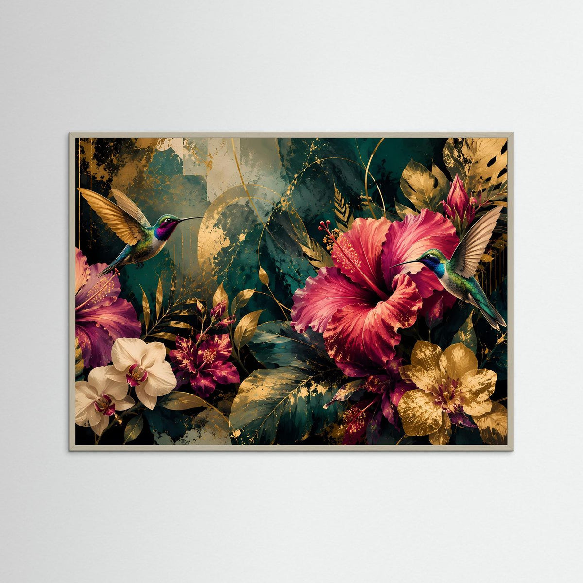 Querformat-Poster mit Kolibris und tropischen Blüten, grauer Rahmen
