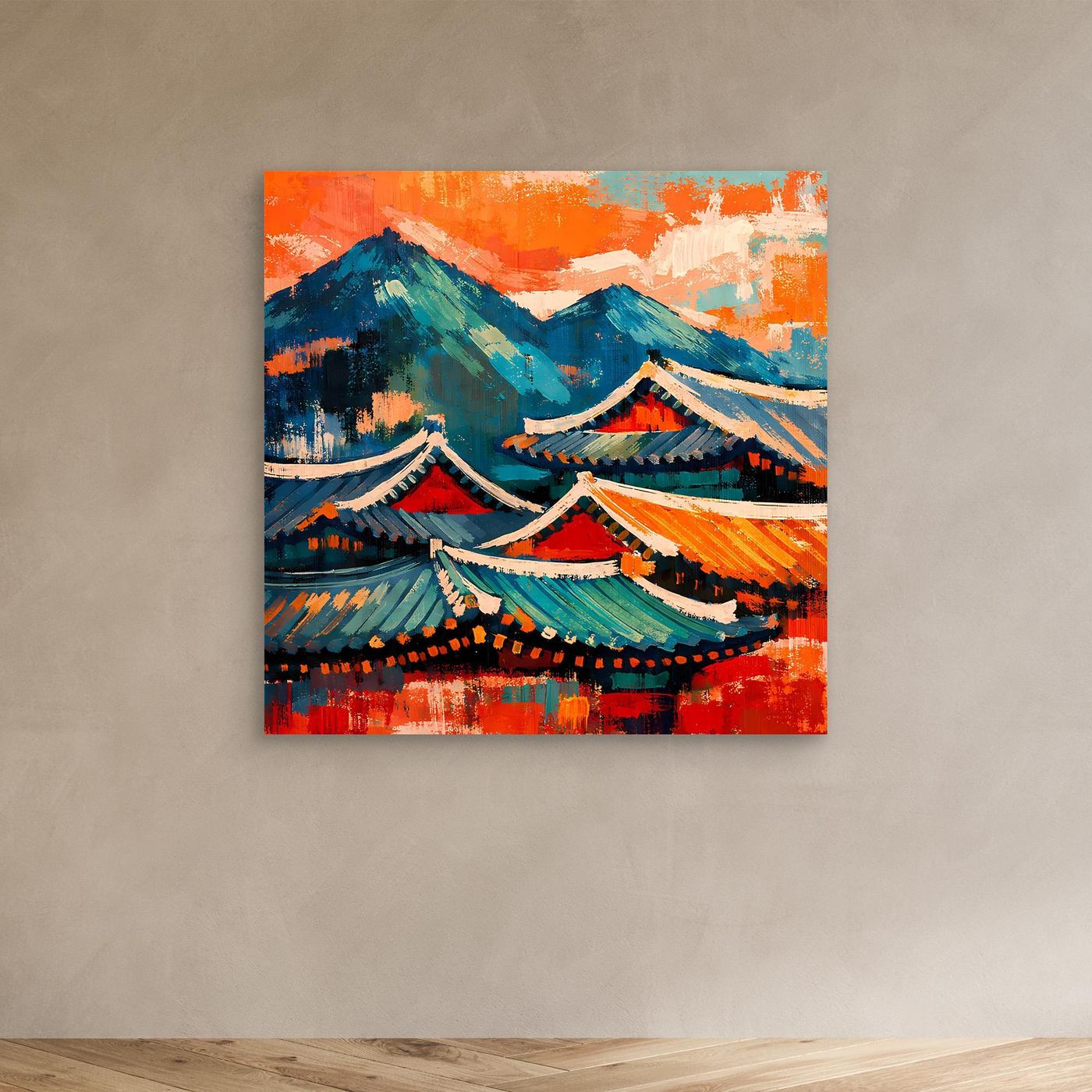 Abstraktes Leinwand-Wandbild mit asiatischen Dachlinien und Bergen, ohne Rahmen