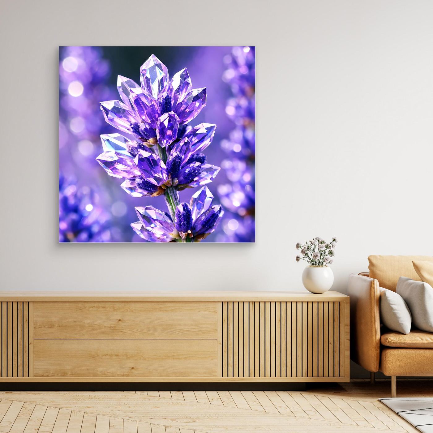 Leinwandbild mit violetten Kristallblüten, quadratisch