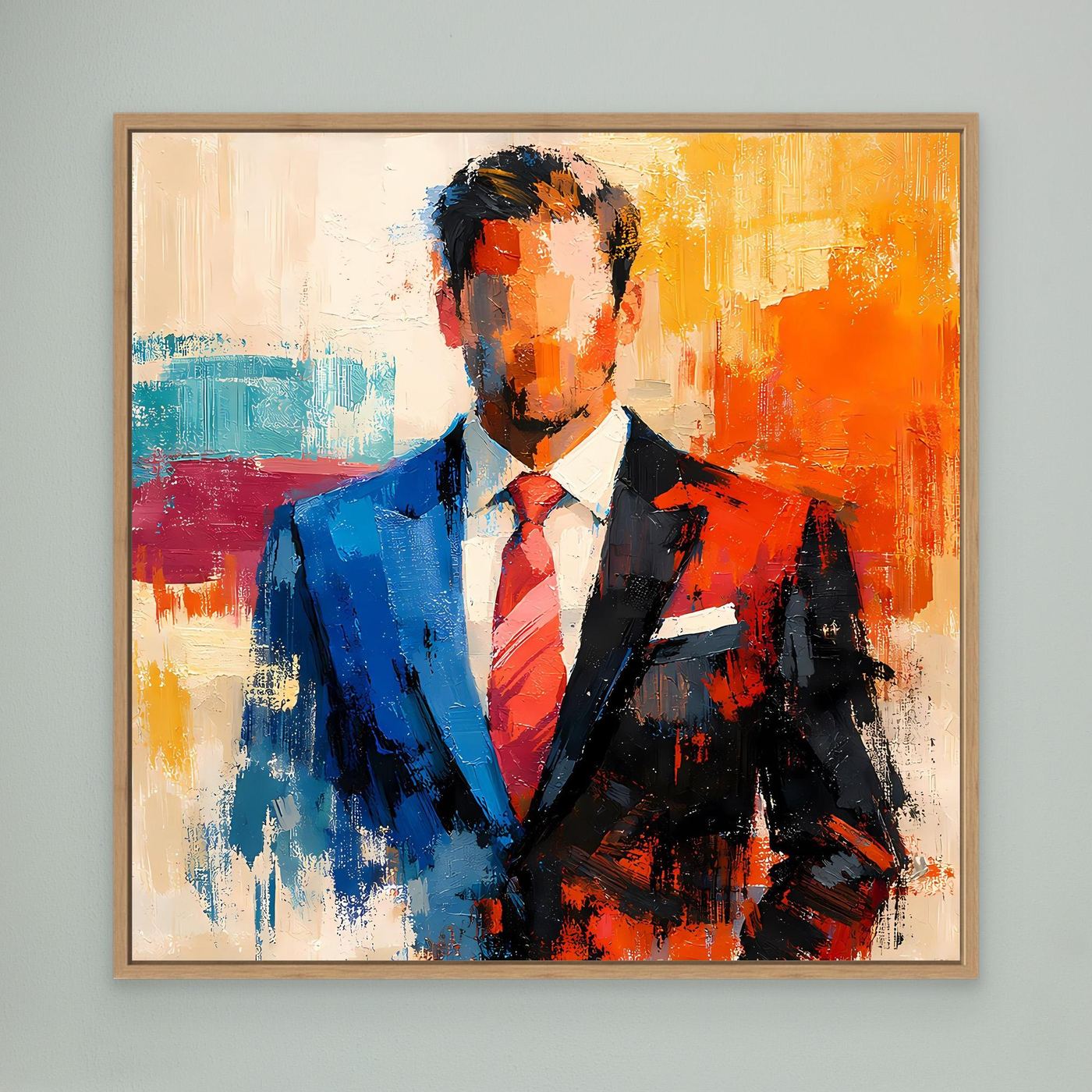 Framed abstract business wall art with light wood frame, elegant man in blue/black suit
