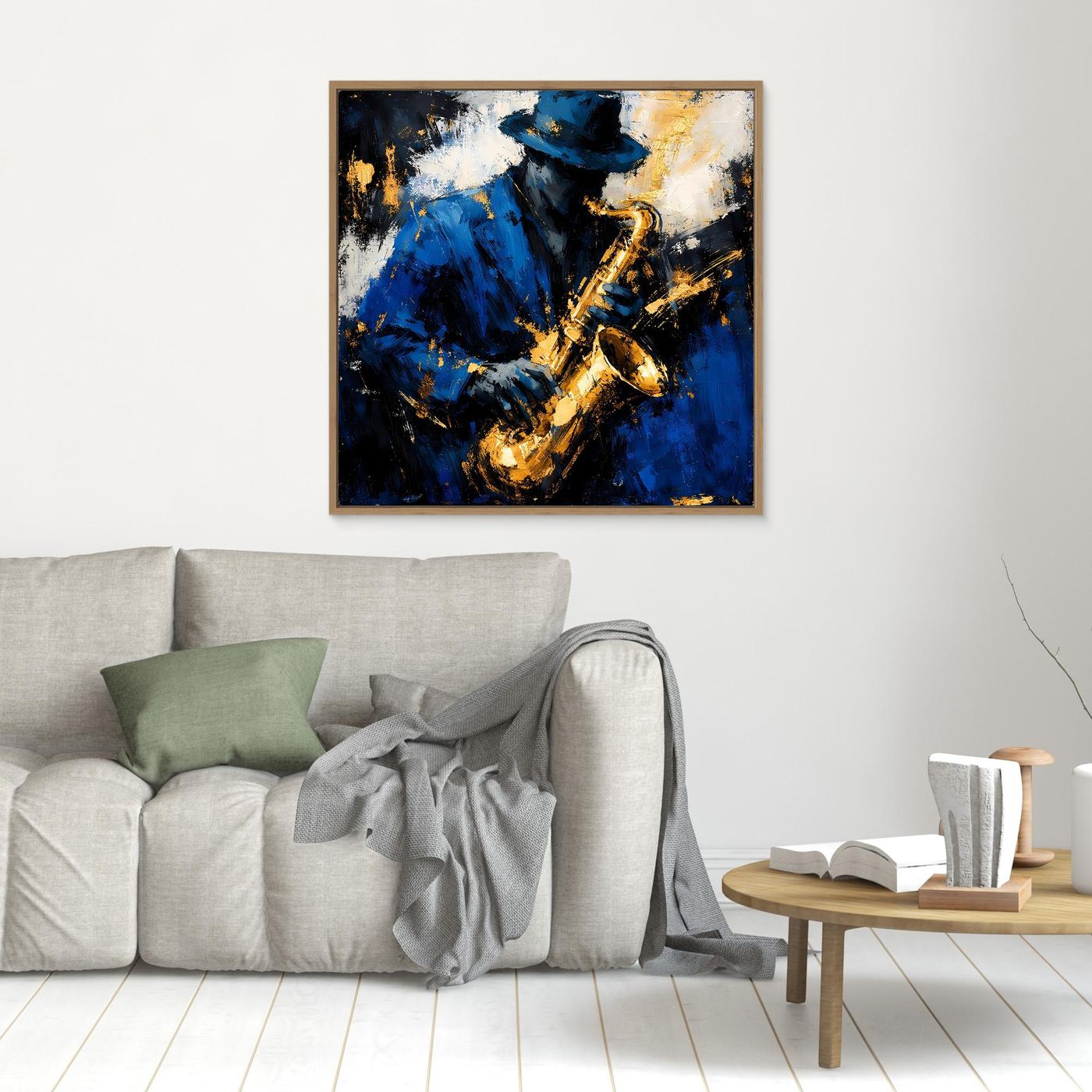 Leinwand Eleganter Jazz-Saxophonist in Blau und Gold | Abstraktes Musik Wandbild