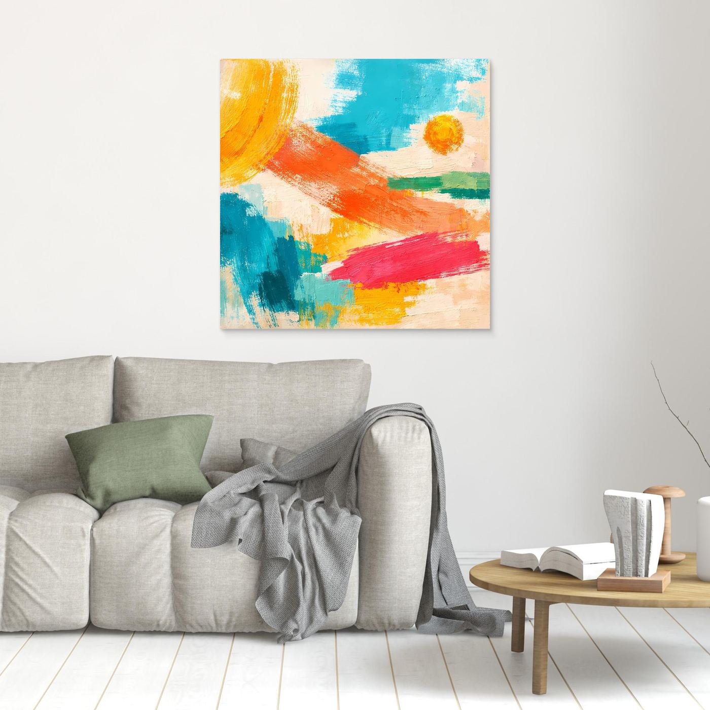 Small abstract canvas wall art with blue, orange, red and yellow brushstrokes