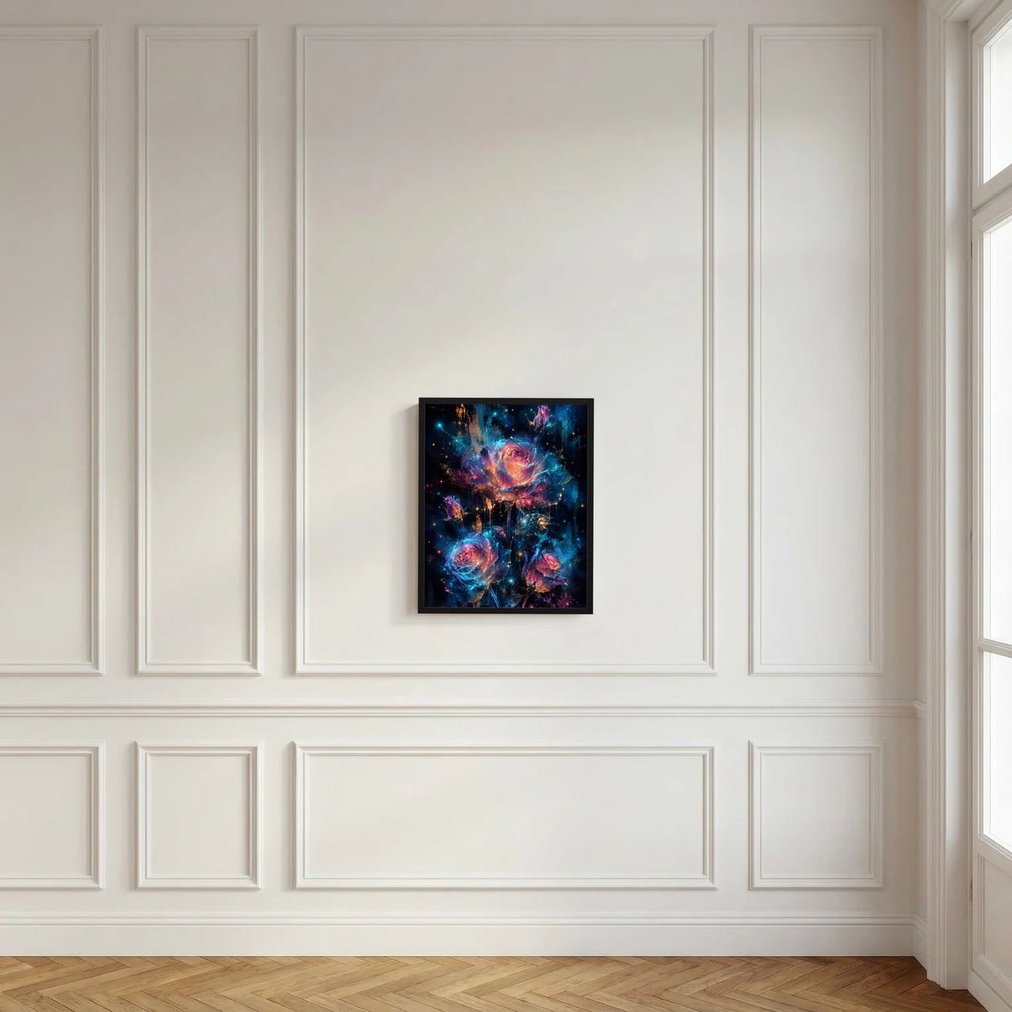 Wandbild mit abstrakten leuchtenden Rosen in Blau und Pink, schwarzer Rahmen