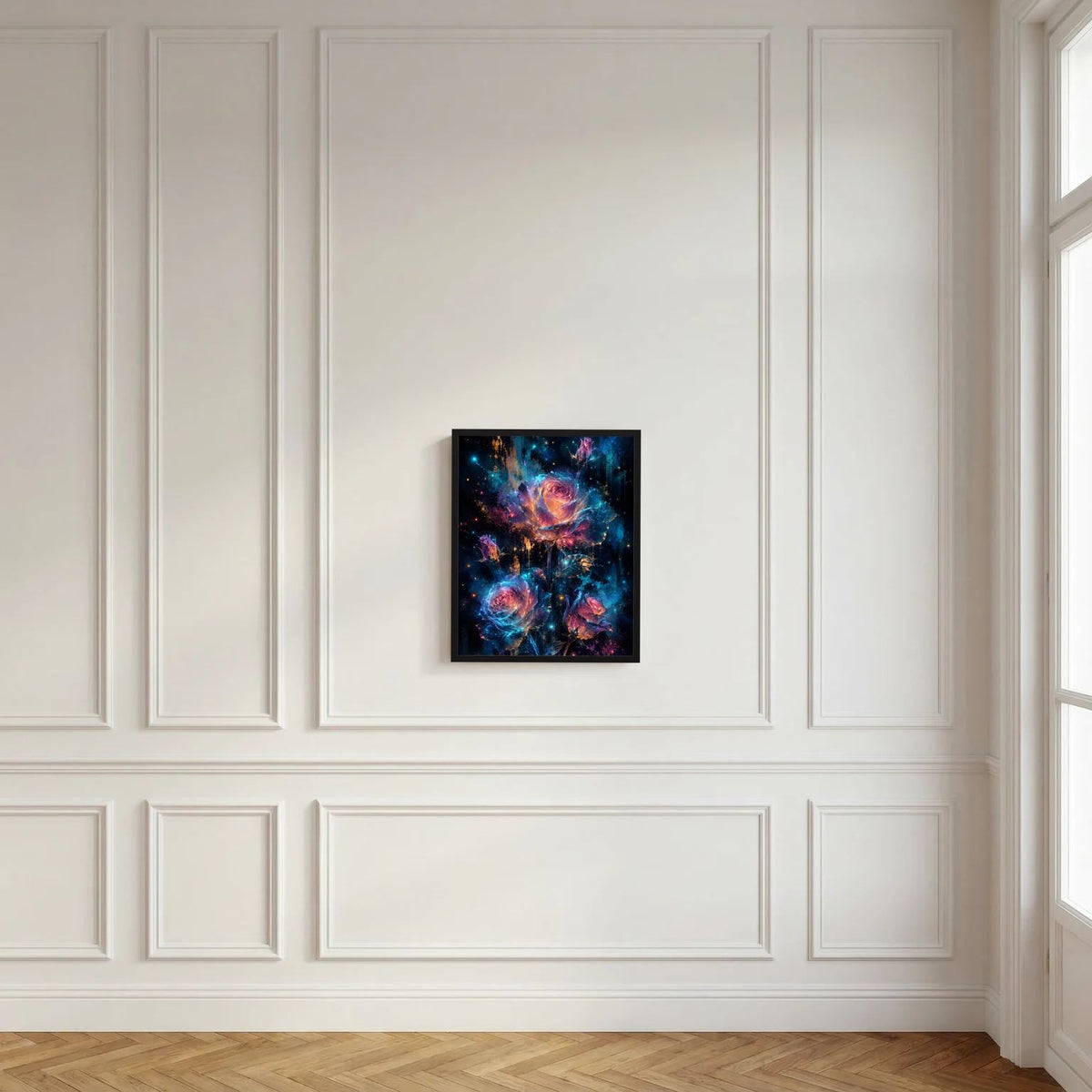 Wandbild mit abstrakten leuchtenden Rosen in Blau und Pink, schwarzer Rahmen