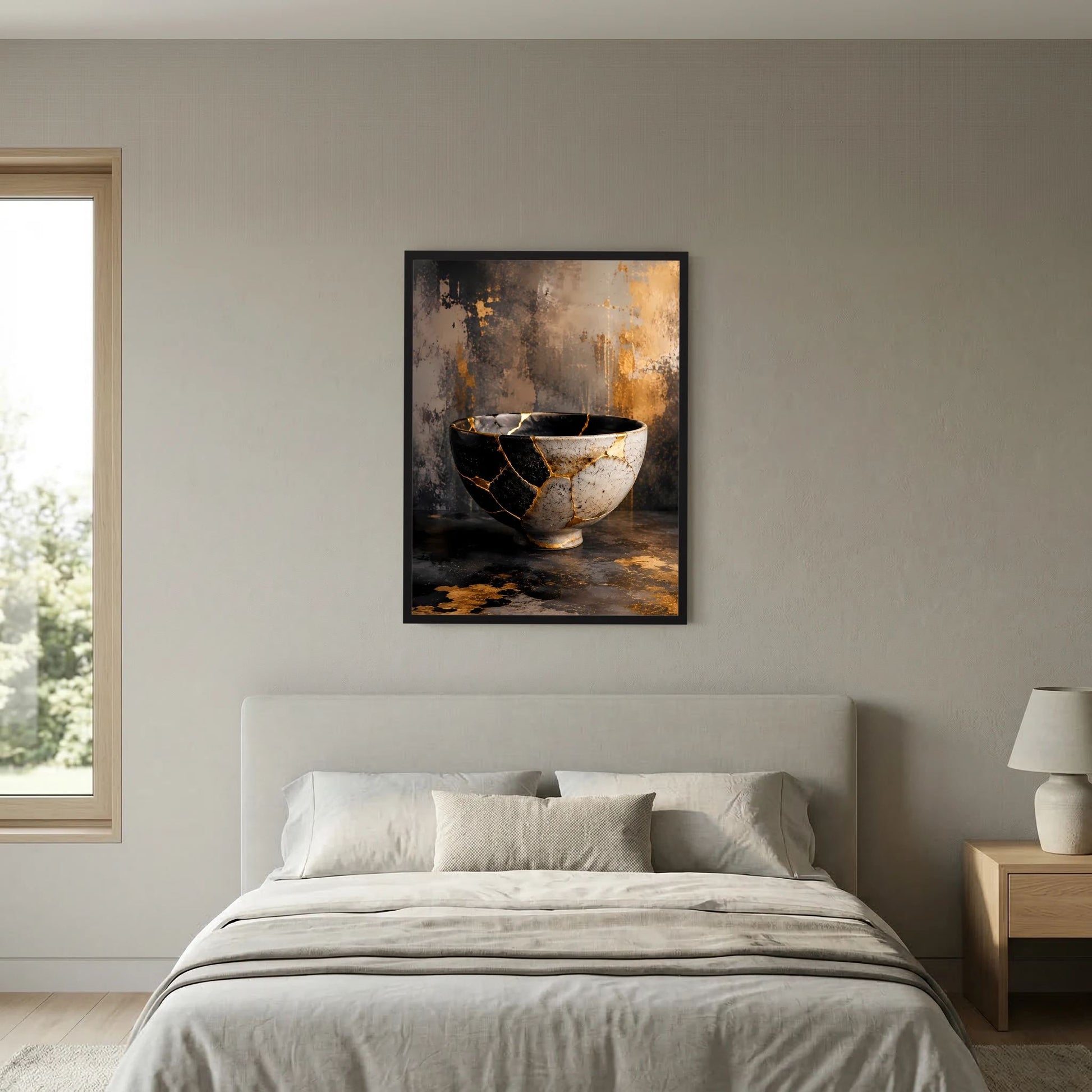 Gerahmtes Poster mit Kintsugi-Schale in Schwarz, Weiß und Gold, goldene Risse auf Keramik