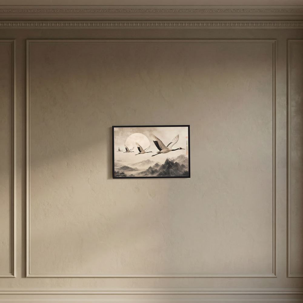 Kleines gerahmtes Poster mit fliegenden Kranichen in Beige, schwarzer Rahmen