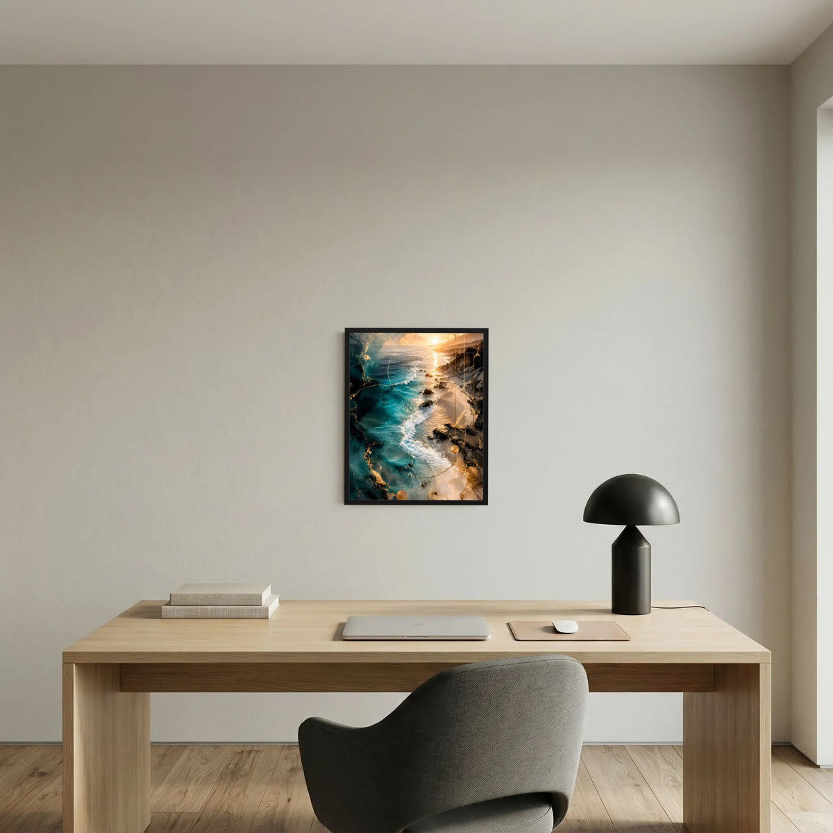 Hochformatiges, gerahmtes Poster: türkisblaues Meer, goldene Reflexe und Felsküste