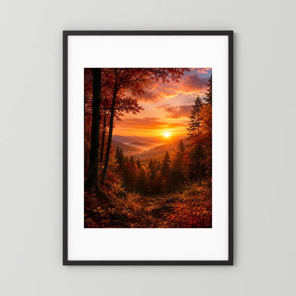 Kunstposter mit weißem Passepartout und schwarzem Rahmen: Herbstwald zur orangefarbenen Abendsonne