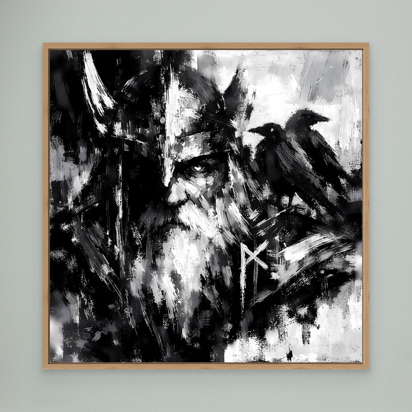 Leinwand-Wandbild mit Odin und Rabe, Schwarz-Weiß, Eichenrahmen, klare Konturen
