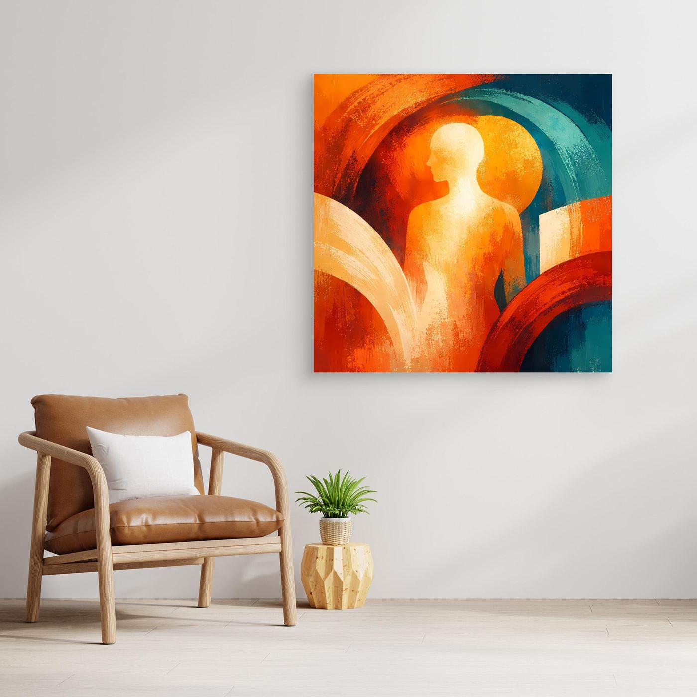Abstraktes Wandbild mit Silhouette, orangefarbenem Kreismotiv und türkis-blauen Farbflächen
