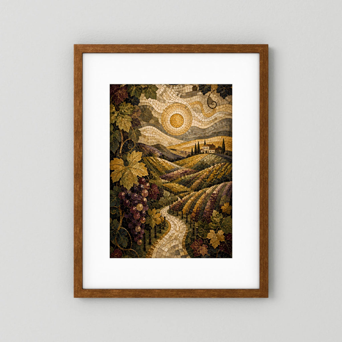 Gerahmtes Hochformat-Poster mit braunem Holzrahmen und weißem Passepartout, Mosaik-Weinberge