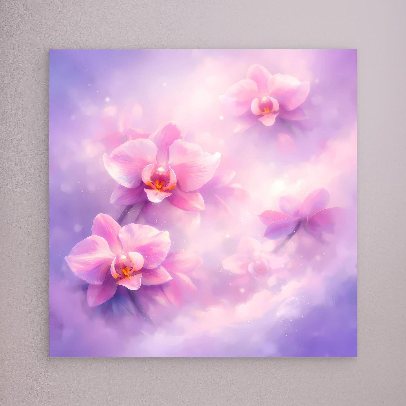 Leinwandbild mit pastellfarbenen Orchideenblüten, ohne sichtbaren Rahmen