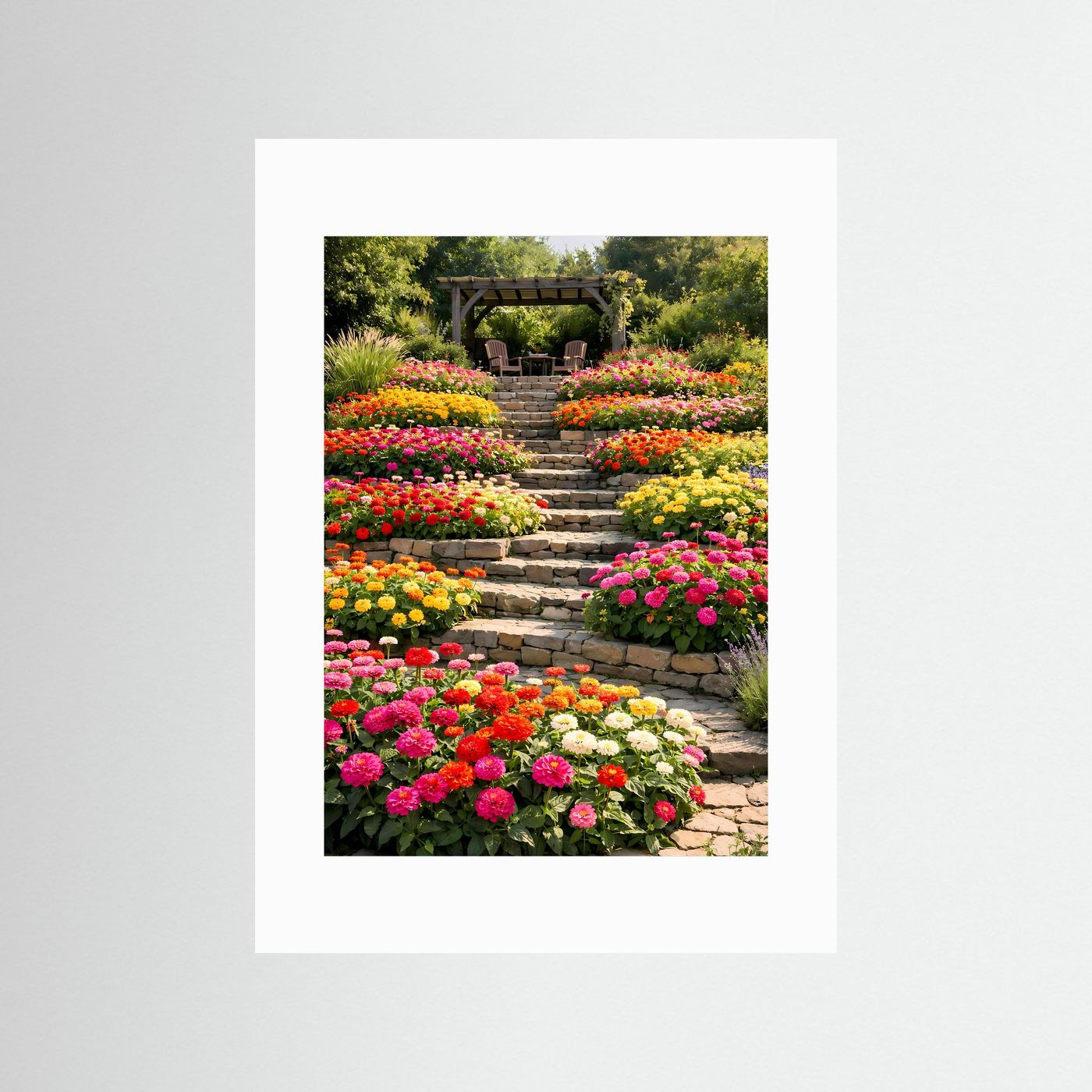 Garten-Poster hochkant mit weißen Passepartout und Steintreppe durch Blumenrabatten