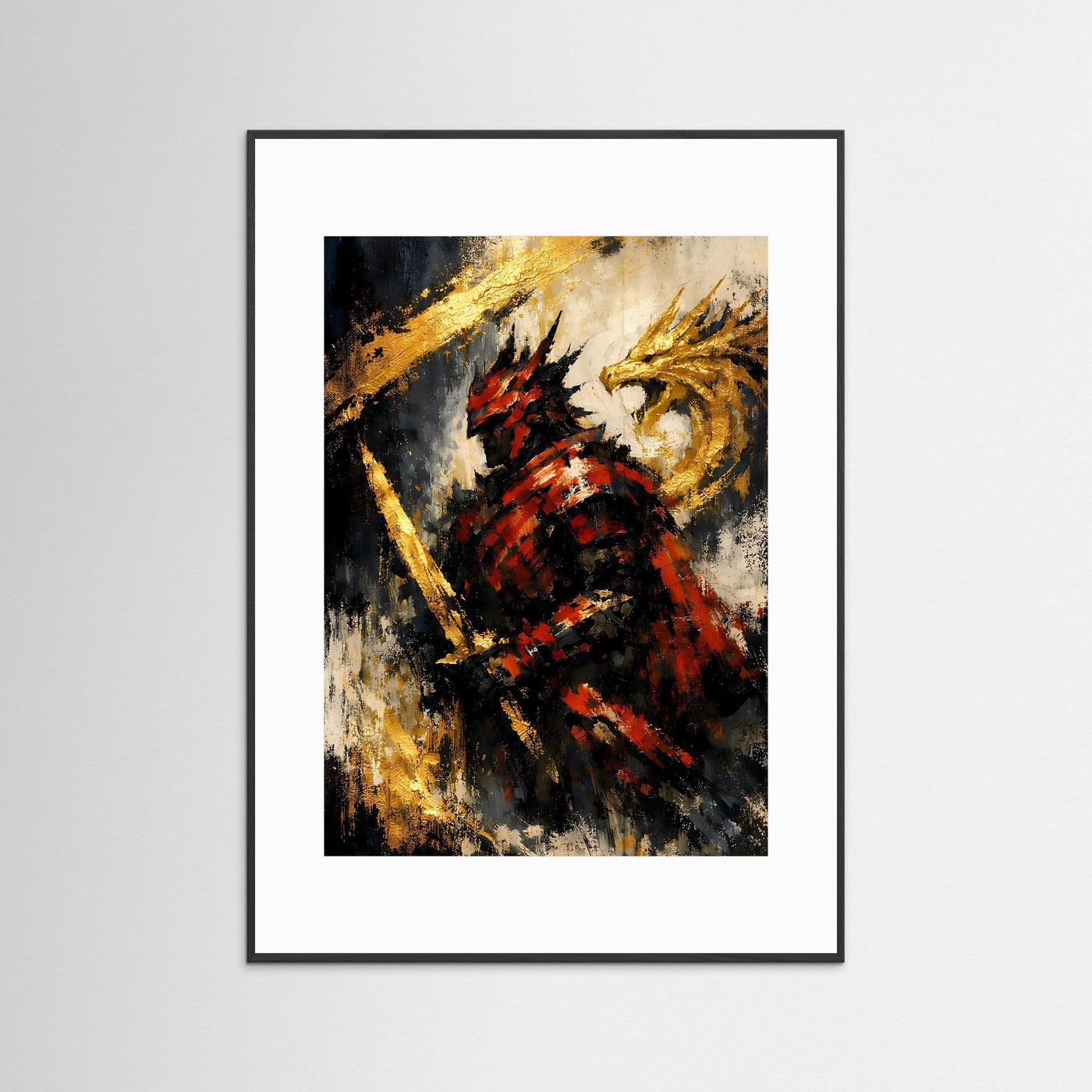 Samurai- und Drachenposter im Hochformat mit schwarzem Rahmen und weißem Rand, abstrakt in Gold und Rot