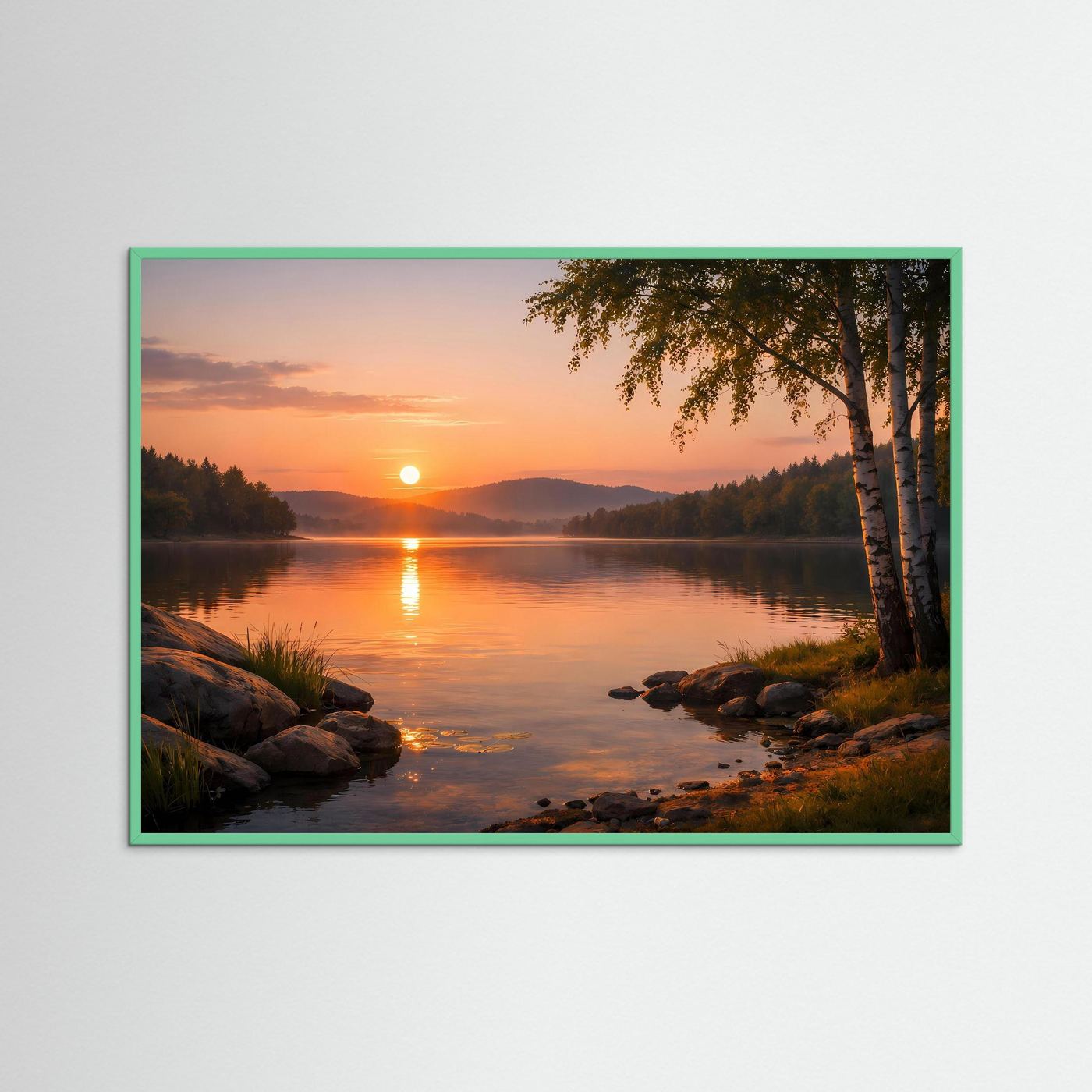 Landschaftsposter mit grünem Rahmen: Sonnenuntergang am See, Wasser mit Spiegelung