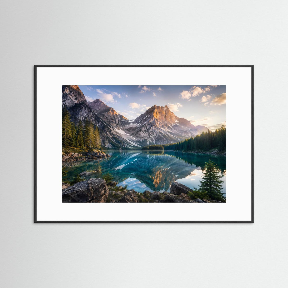 Bergsee-Poster im Querformat mit schwarzem Rahmen und weißem Passepartout