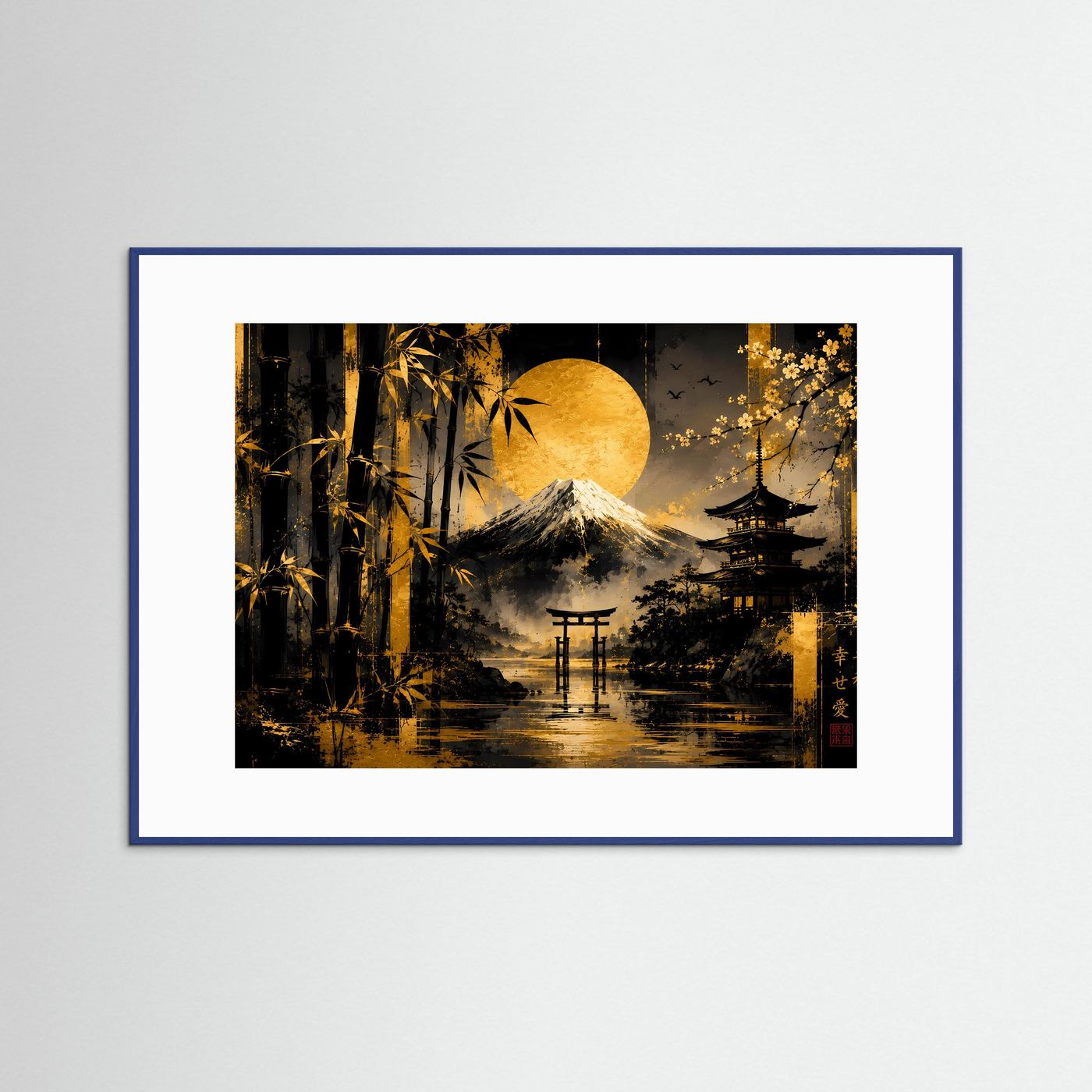 Querformat-Poster: goldene Sonne, Pagode und Torii in Schwarz-Gold, mit blauem Rahmen