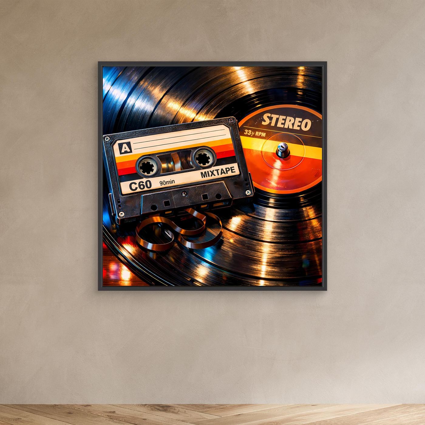 Leinwandbild mit Retro-Mix Tape und Schallplatte, orange/blau, schwarzer Rahmen