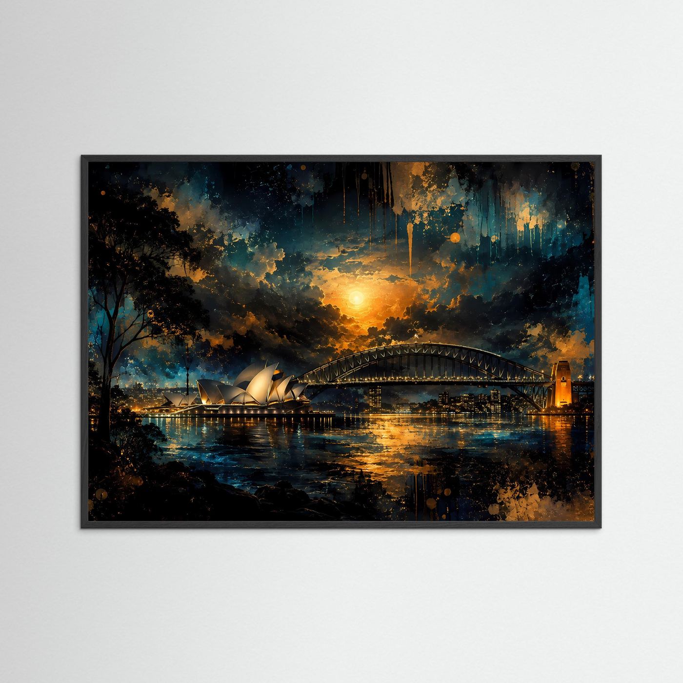 Sydney Poster | Sydney Opera House & Harbour Bridge bei Nacht | Australien Wandbild | Moderne Skyline Kunst | Gold Blau Fine Art | Premium Wanddekoration