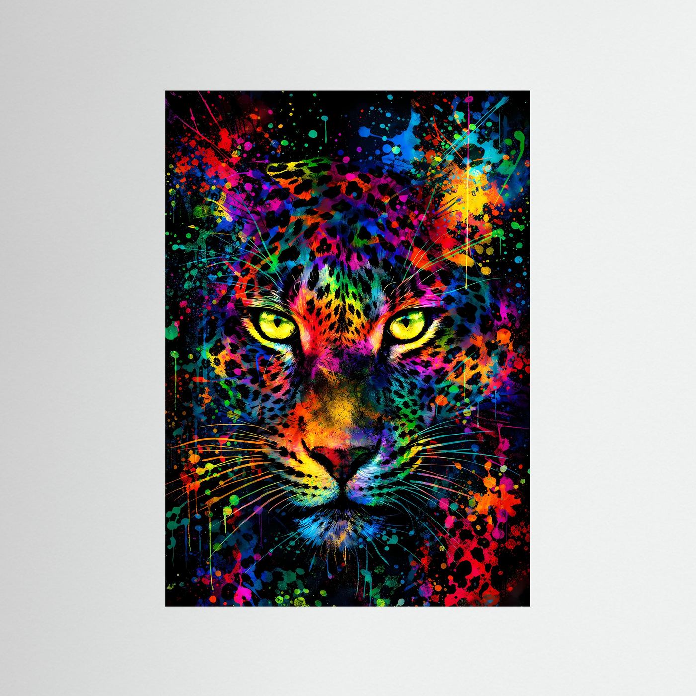 Leopardenkopf-Poster mit bunter Farbexplosion, ohne sichtbaren Rahmen