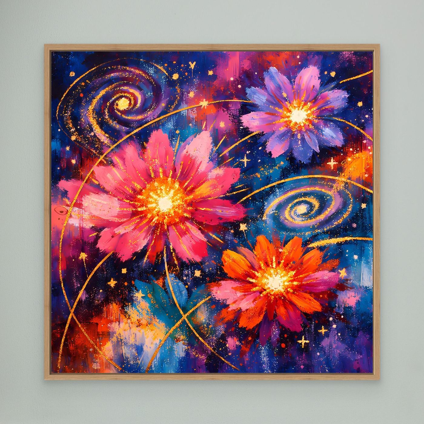 Leinwand-Wandbild mit kosmischen Blüten in Pink, Orange und Blau im Eichenrahmen
