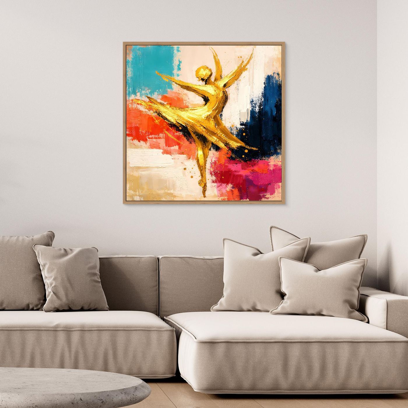 Wandbild Leinwand mit abstrakter goldener Tänzerin, Armen hoch, farbige Pinselstriche, Holzrahmen