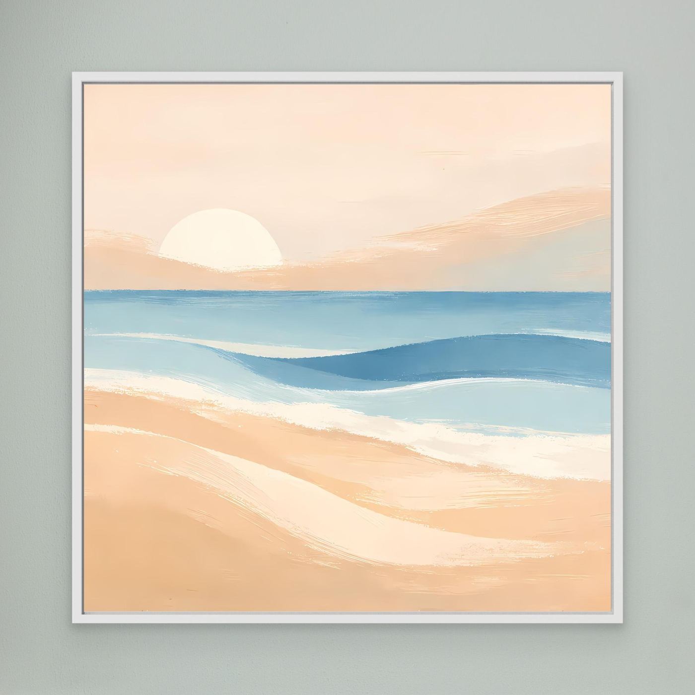 Leinwandbild mit weißem Rahmen: abstrakte Strand- und Sonnenuntergangswellen in Pastellfarben.