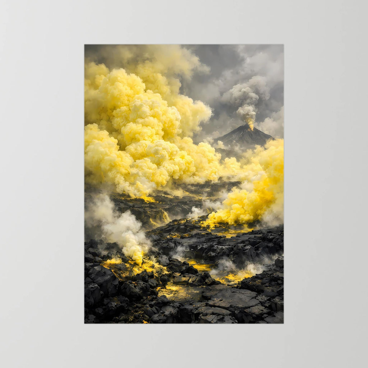Die Kraft der Natur | Abstraktes Vulkan Poster in Gelb & Schwarz | Modernes Landschaftskunstposter Hochformat