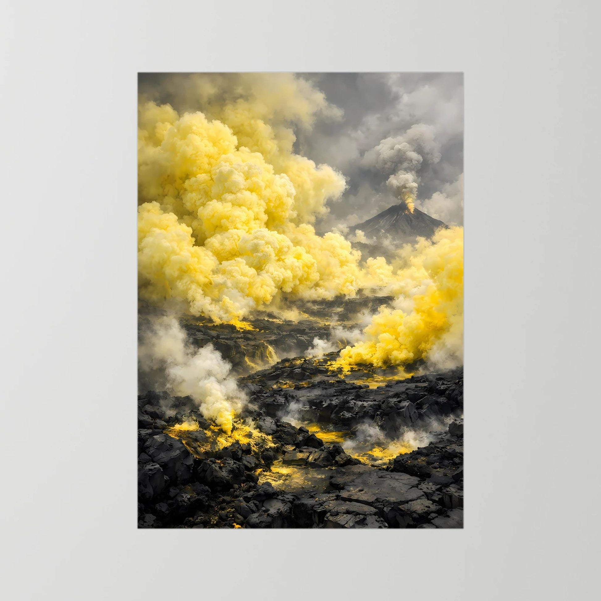 Die Kraft der Natur | Abstraktes Vulkan Poster in Gelb & Schwarz | Modernes Landschaftskunstposter Hochformat