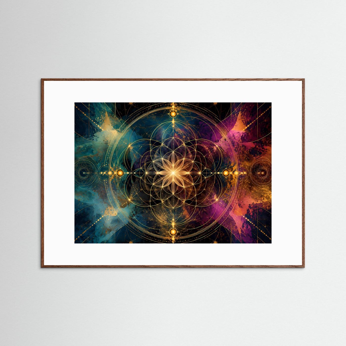 Gerahmtes Querformat-Poster „Blume des Lebens & Kosmos“ in dunklem Holzrahmen
