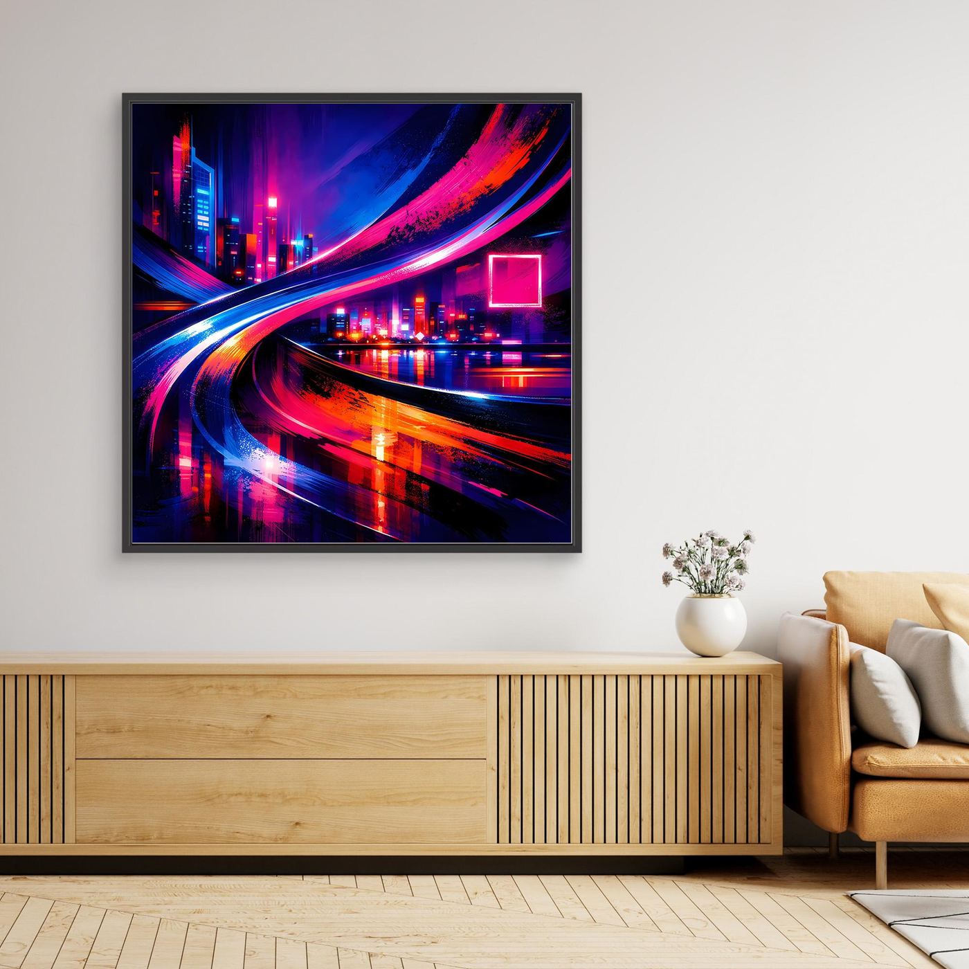 Leinwandbild mit Neon-Cyberpunk-Skyline, schwarzer Rahmen und bunten Lichtspuren